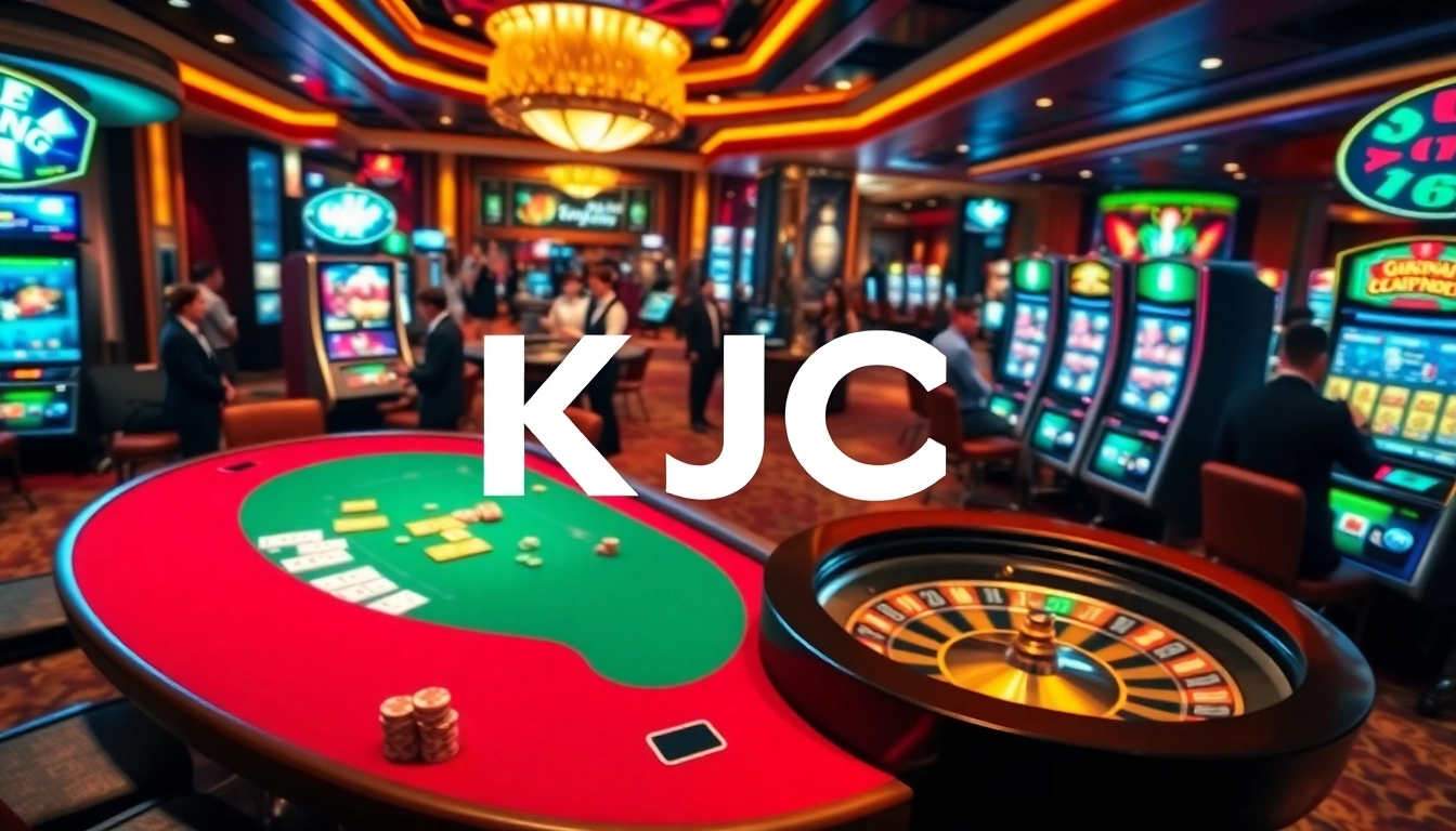 KJC casino players engaging at a luxurious poker table with vibrant chips and cards.