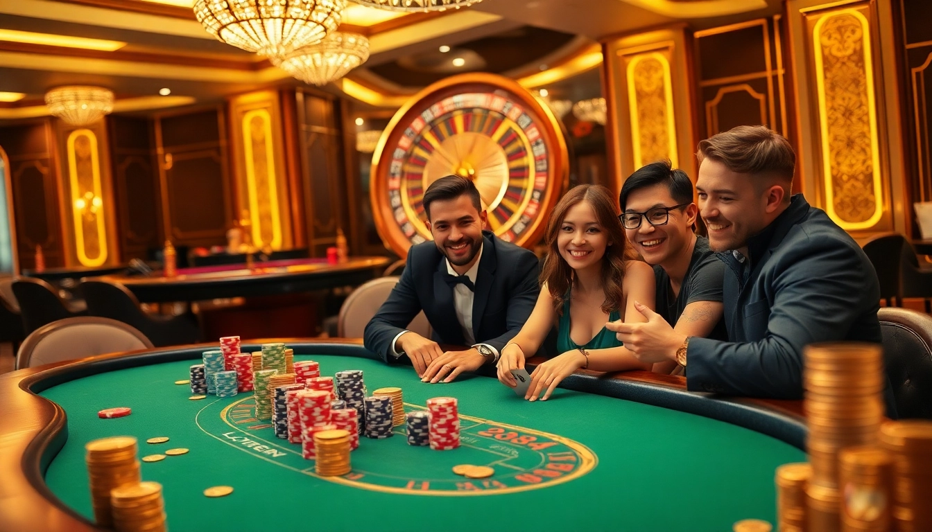 Excited gamblers playing cards and enjoying the luxurious atmosphere at LC88's online casino.