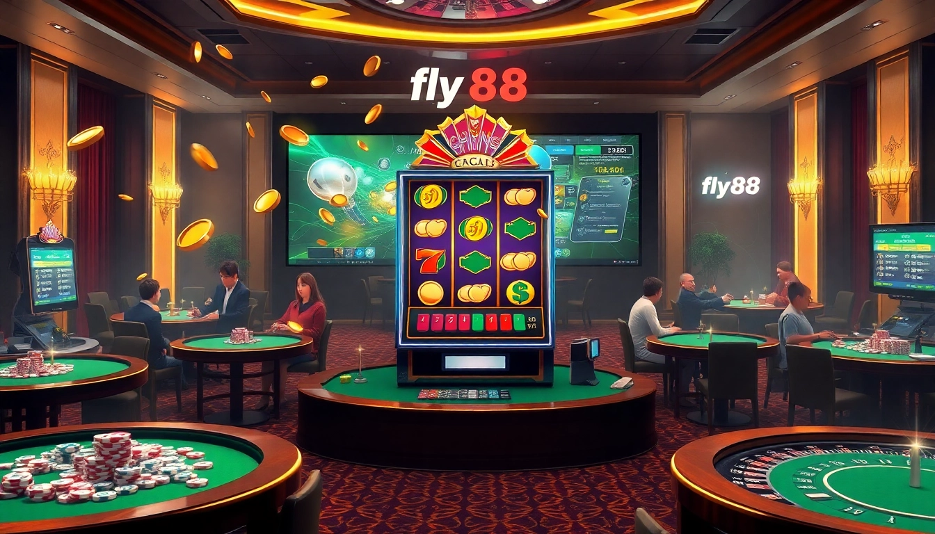 Players enjoying a thrilling game at 'nhà cái fly88' casino, featuring vibrant slots and poker tables.