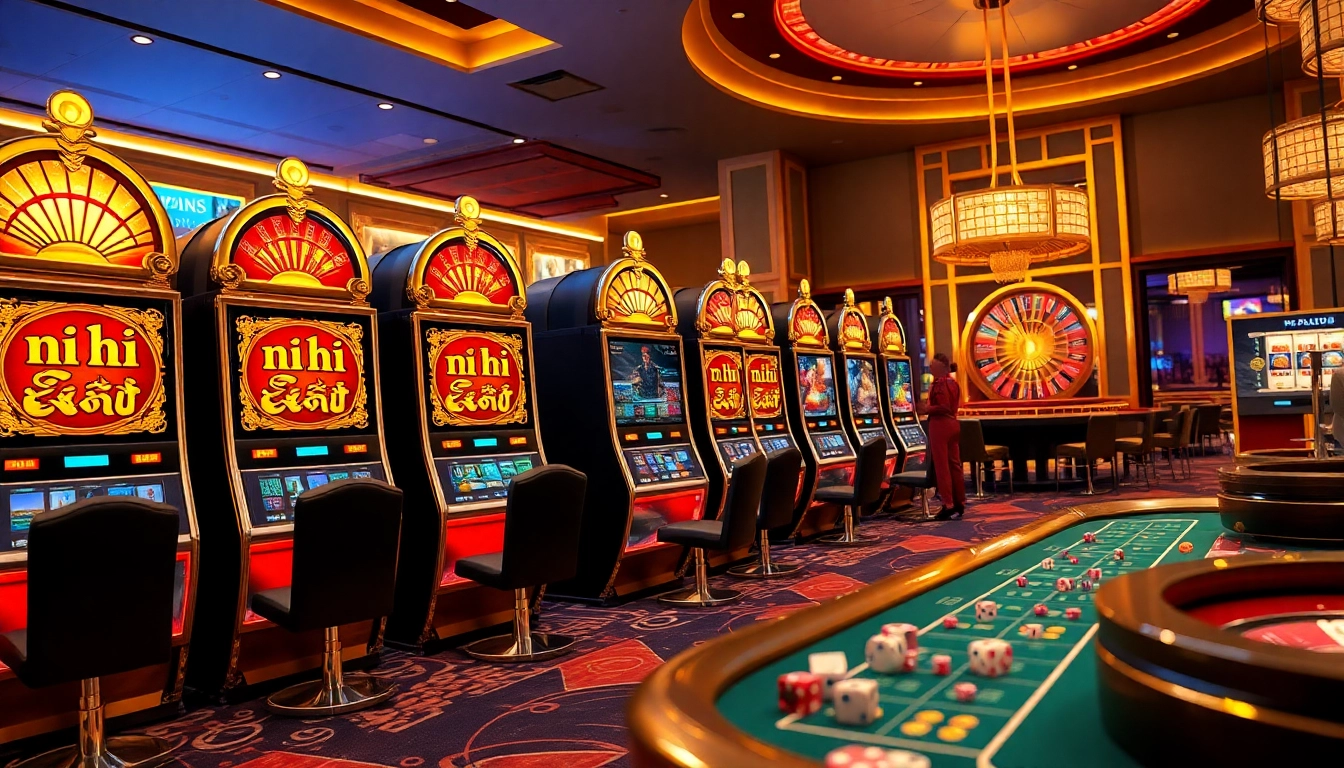 Engaging scene of players enjoying 'nổ hũ' slot machines in a vibrant casino setting.