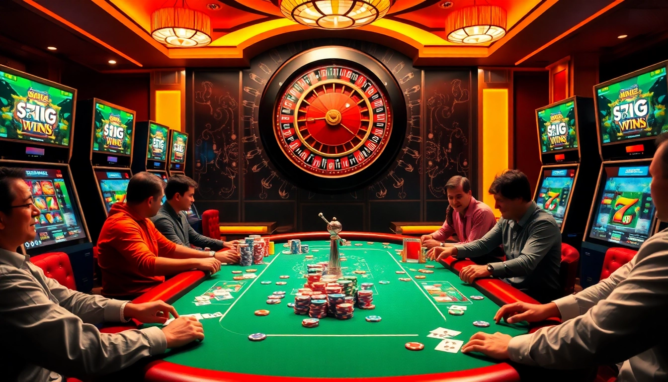 Engaging players at a colorful poker table in a luxurious casino while promoting https://topxx88.com/ gambling strategies.