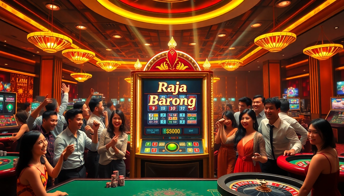 Players celebrating a big win at the Raja Barong slot machine in a luxurious casino setting.