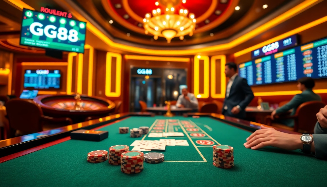 Engage in an exhilarating game at GG88's luxurious casino table with vibrant chips and cards.