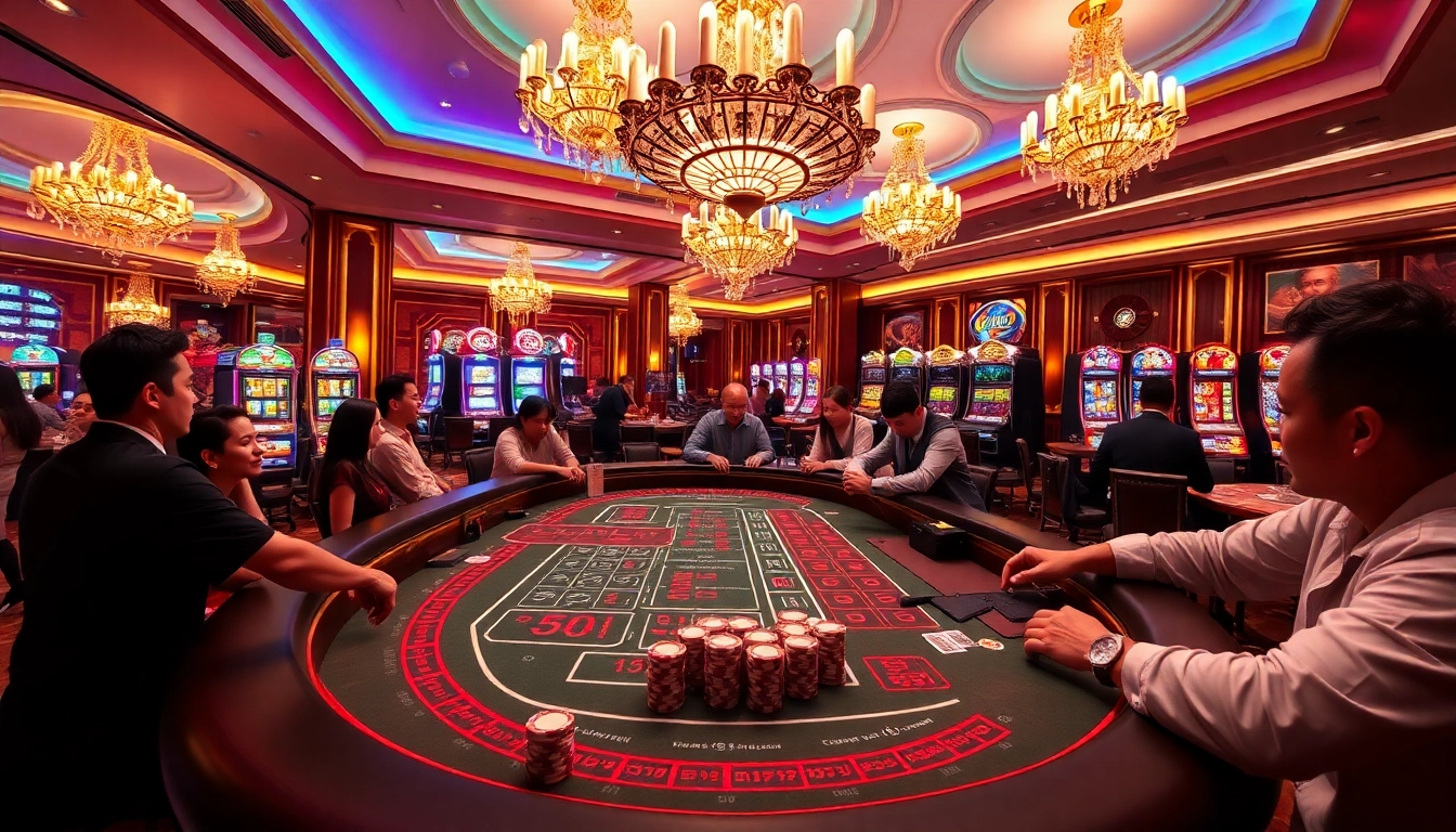 Engaging game of sky88 tài xỉu at a luxurious casino setting with vibrant poker chips and players.
