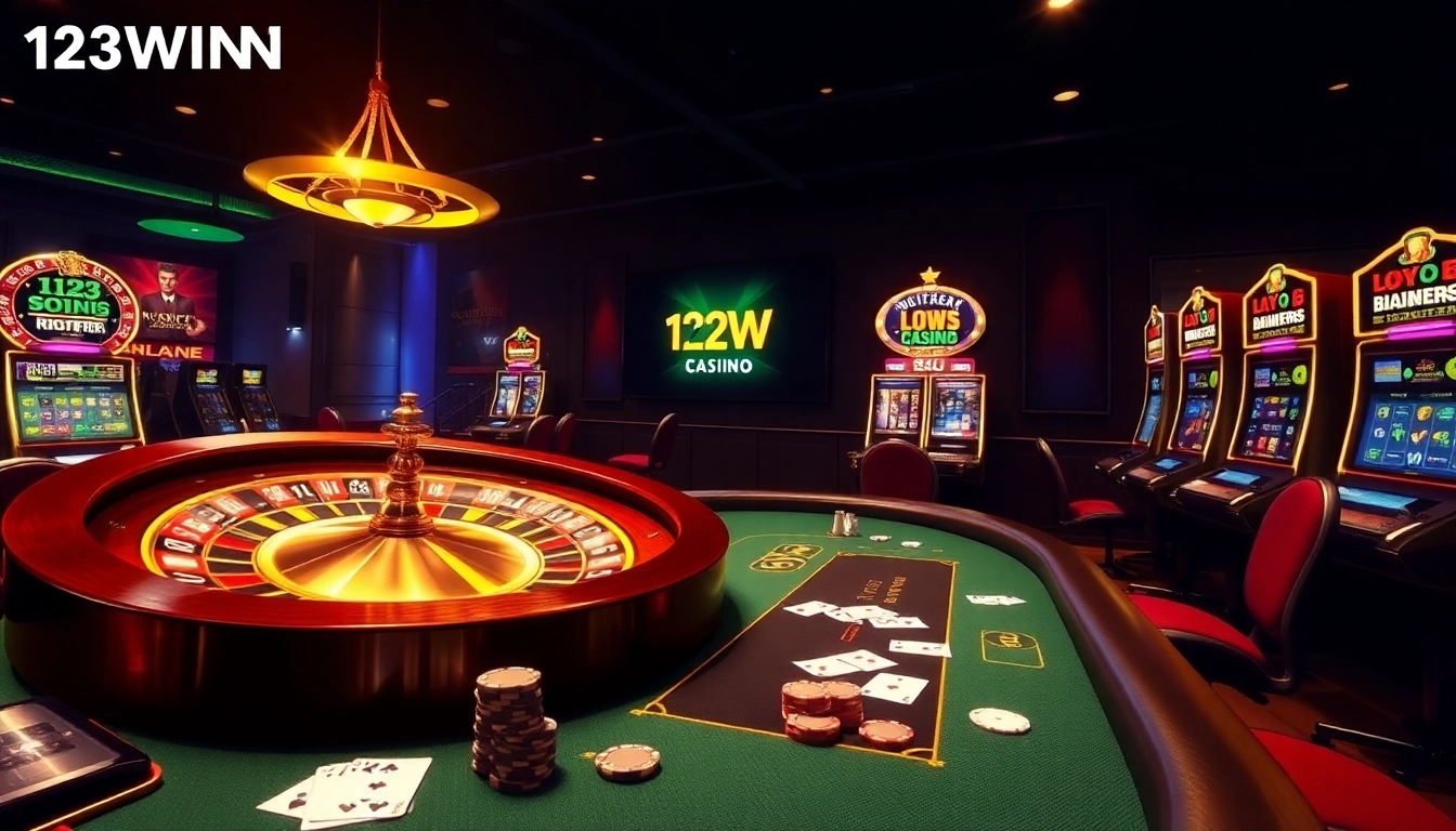 An engaging online gambling interface scene featuring 123win.free, showcasing roulette and poker with vibrant colors.