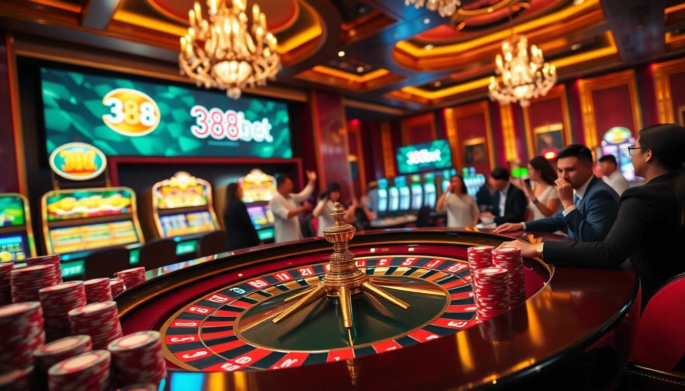 Engage in thrilling casino action at 388bet with roulette and vibrant poker chips.