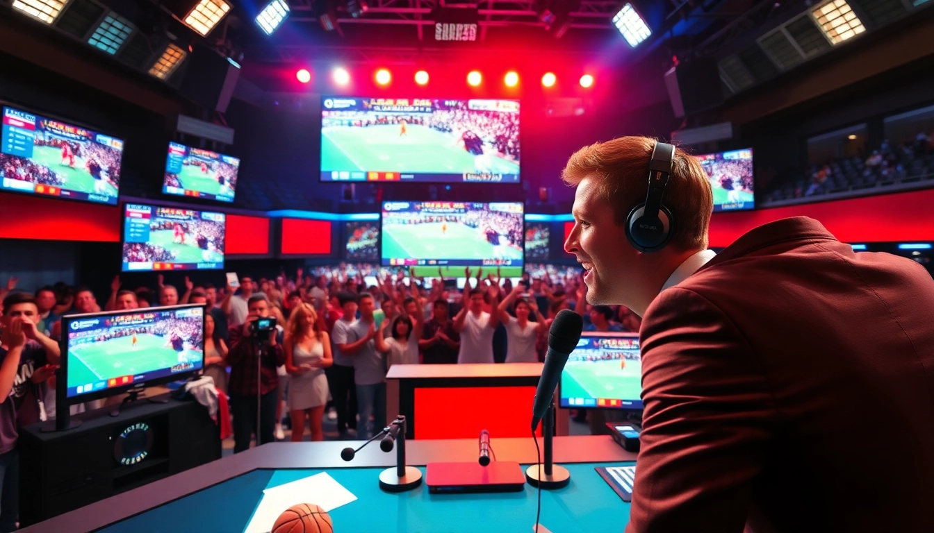 Engaging sports broadcasting studio showing live games and enthusiastic hosts.