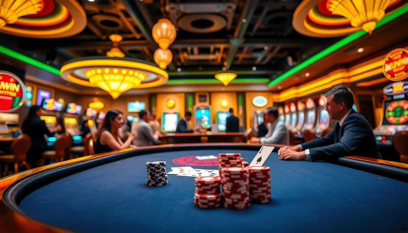 Kuwin online casino scene showcases vibrant poker table action with excited players.