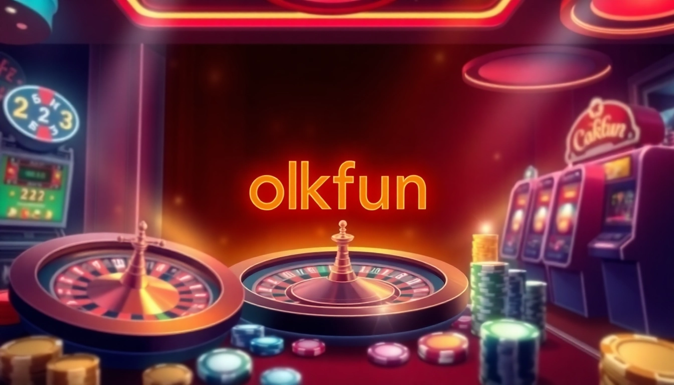 Experience the thrill of okfun with vibrant gaming visuals, including roulette wheels and poker chips.