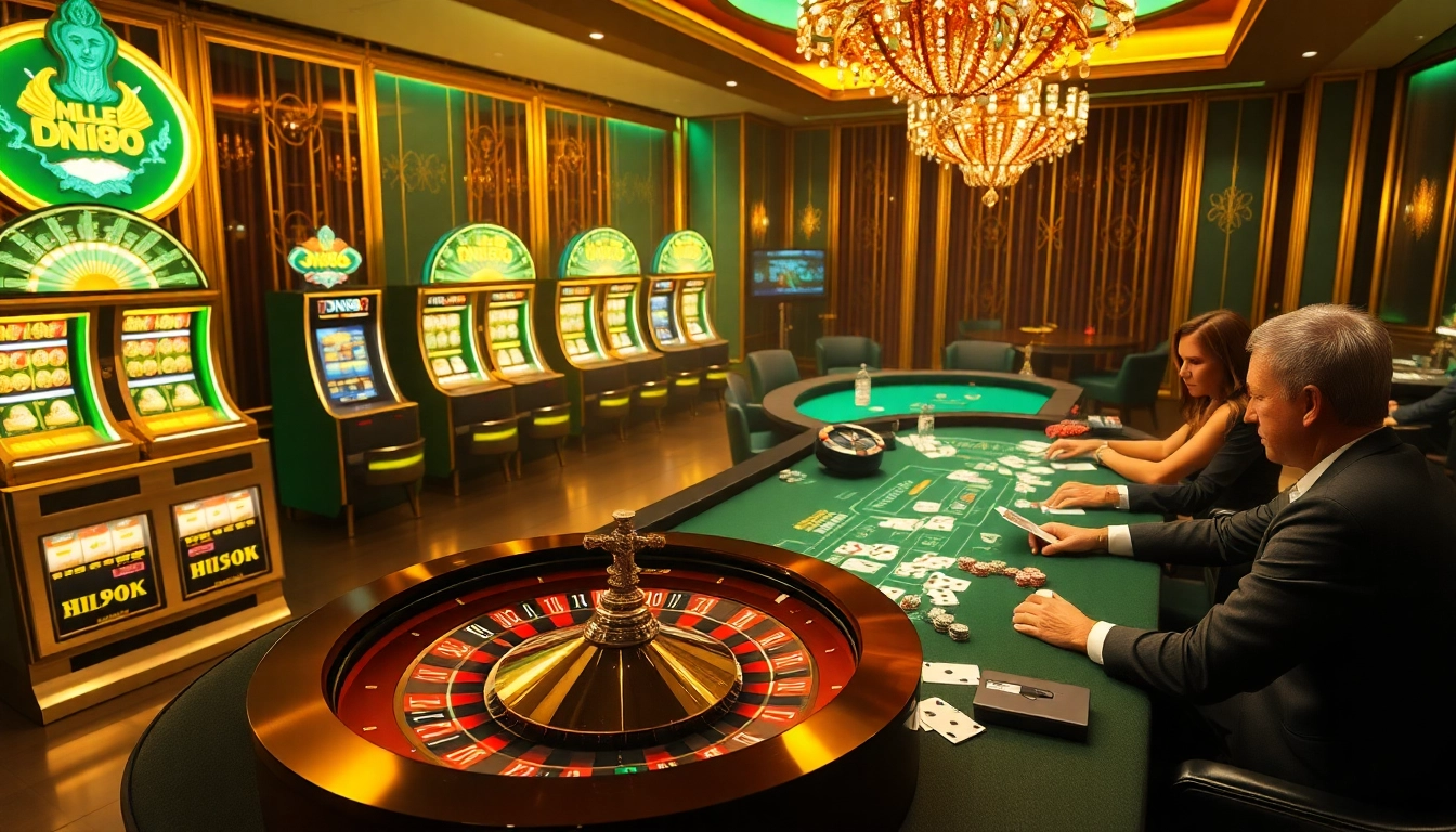 DN88 casino scene with elegant roulette table, luxurious slot machines, and engaging poker game.