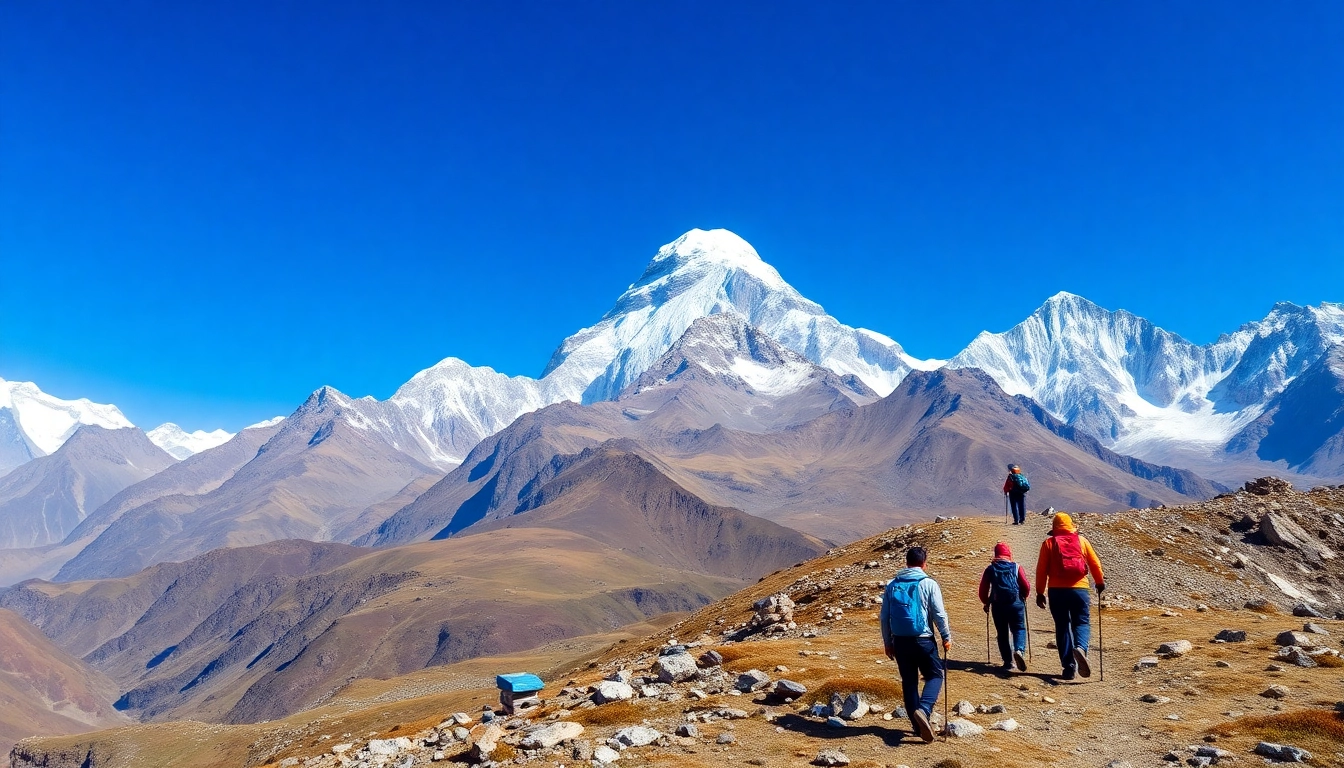 Everest base camp vista with trekkers against the majestic backdrop of Mount Everest.