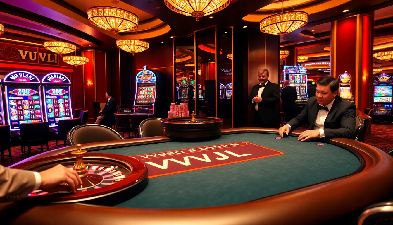 Players enjoying a thrilling game at the VVJL casino poker table, surrounded by vibrant colors.