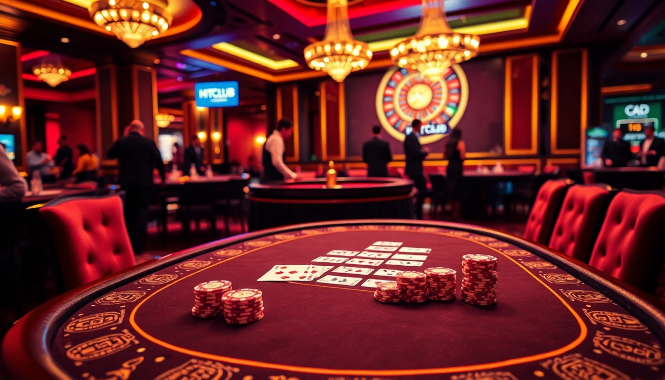 Experience the thrill of HITCLUB with a lavish poker table and roulette wheel in a vibrant casino setting.