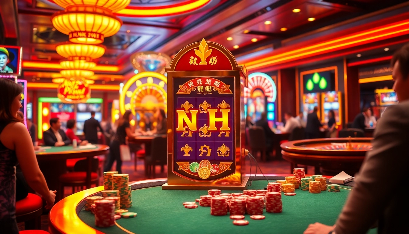 Experience the excitement of nổ hũ slot machines in a luxurious casino setting filled with vibrant gambling activity.