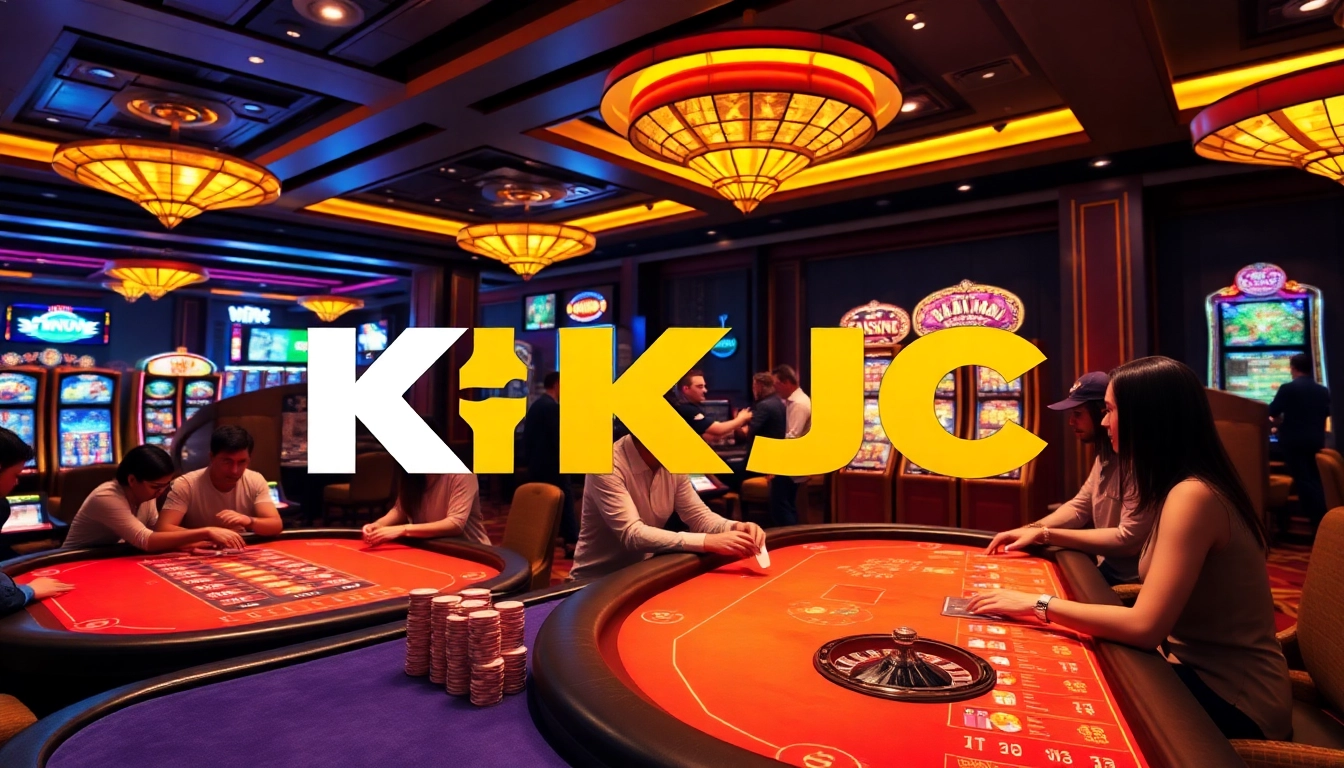 KJC highlights vibrant casino atmosphere with gaming tables, poker chips, and exciting slot machines.