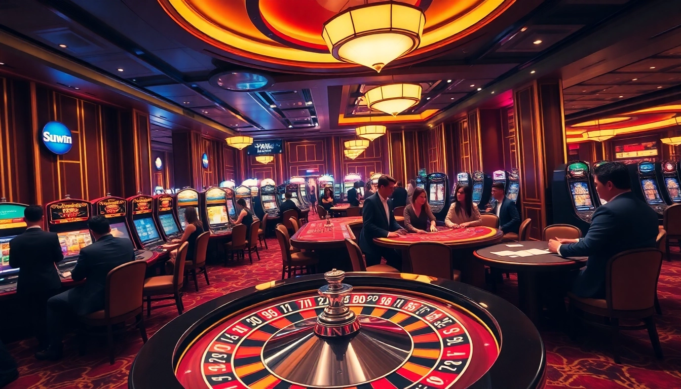 Engaging scene with poker players at https://sunwin.builders/ casino tables, exuding excitement and luxury.