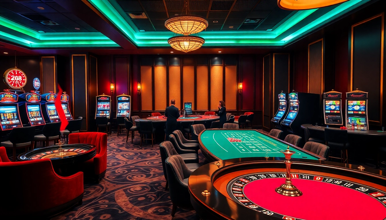 AZ88 guests winning at a luxurious casino table surrounded by vibrant slot machines.