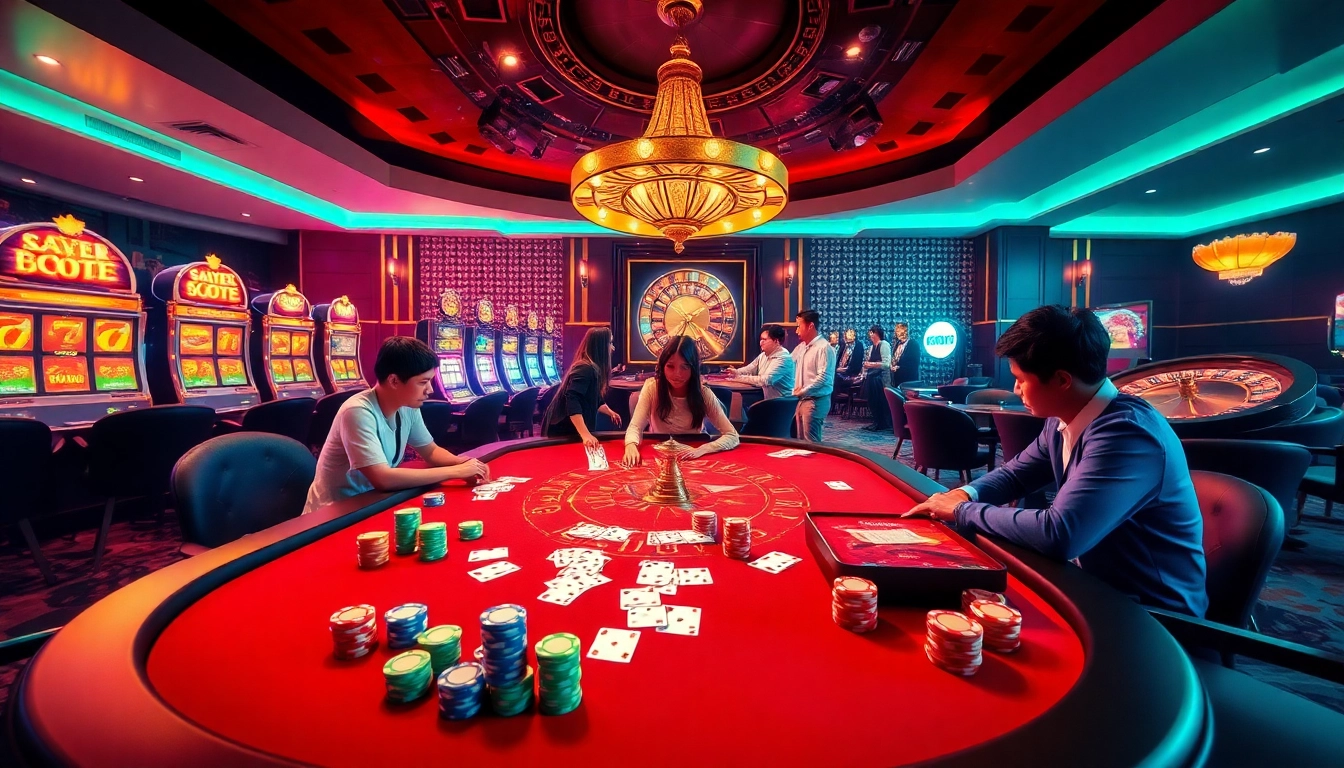 A sophisticated casino scene featuring a poker table and vibrant slot machines, showcasing the excitement of https://vj88.com/ gambling.