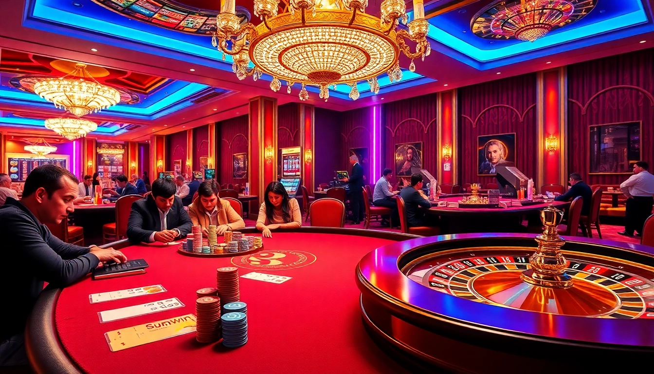 Sunwin casino scene featuring an exciting poker game with colorful chips and elegant decor.