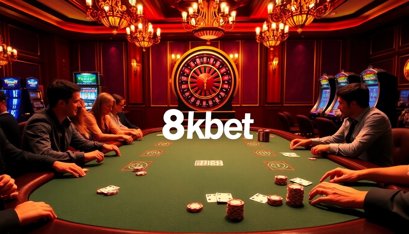 Players enjoying a thrilling poker game at 8kbet with vibrant casino elements.