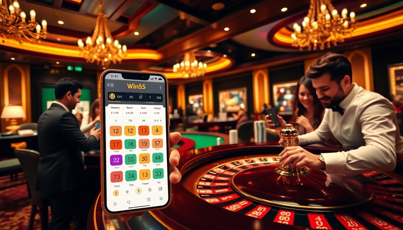 Engage with the win55 app showcasing thrilling online casino games and vibrant gambling atmosphere.