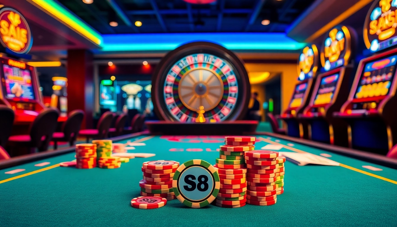 Players engaged at an S8 poker table, surrounded by vibrant chips and strategic gameplay.