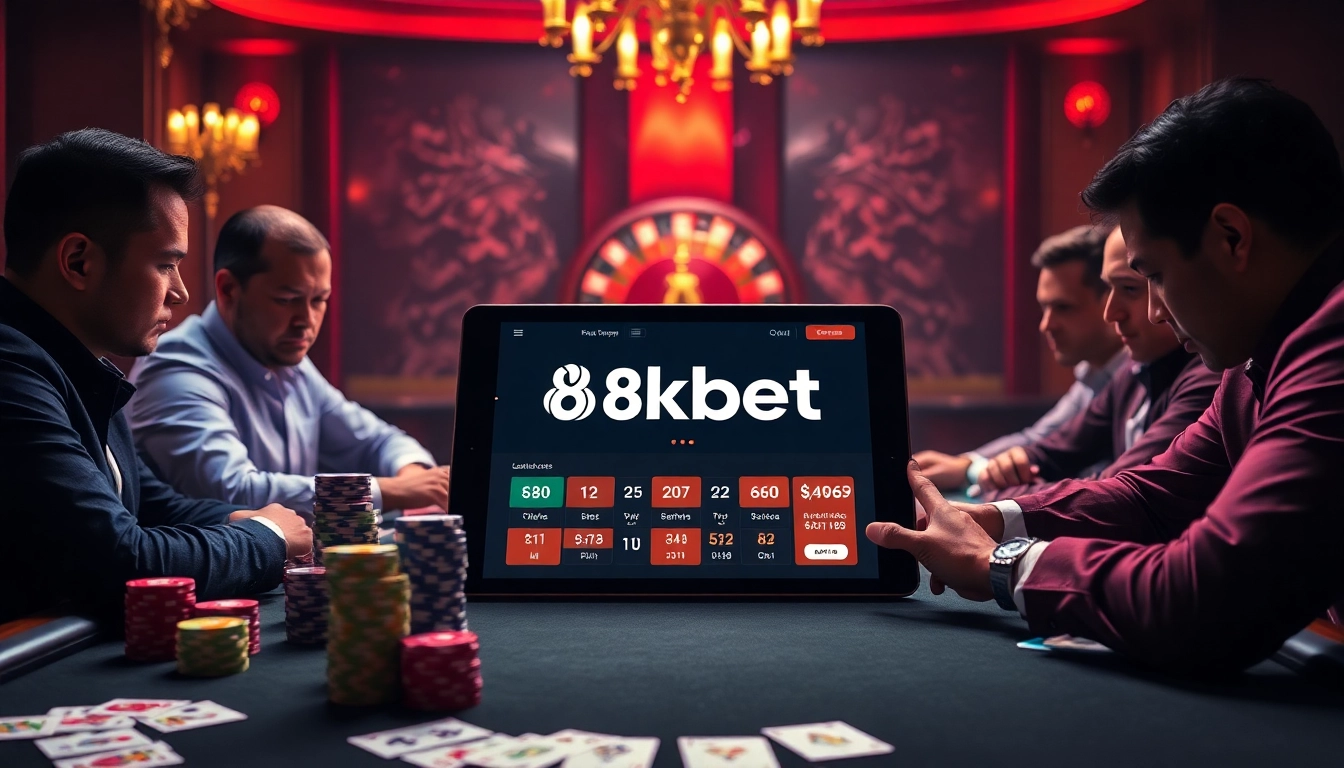 Players engaged in high-stakes poker at 8kbet's luxurious casino.