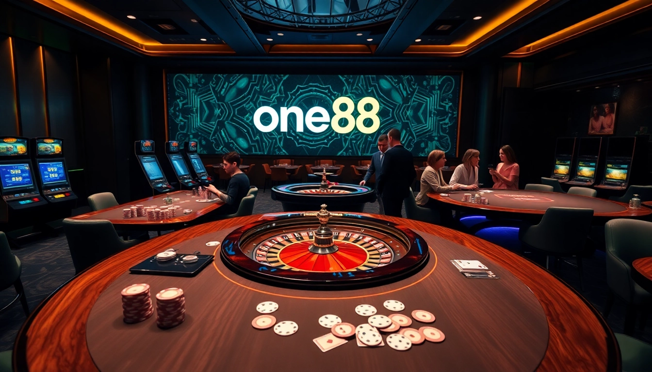 Players enjoying a thrilling game at one88's elegant casino tables with vibrant chips and roulette.