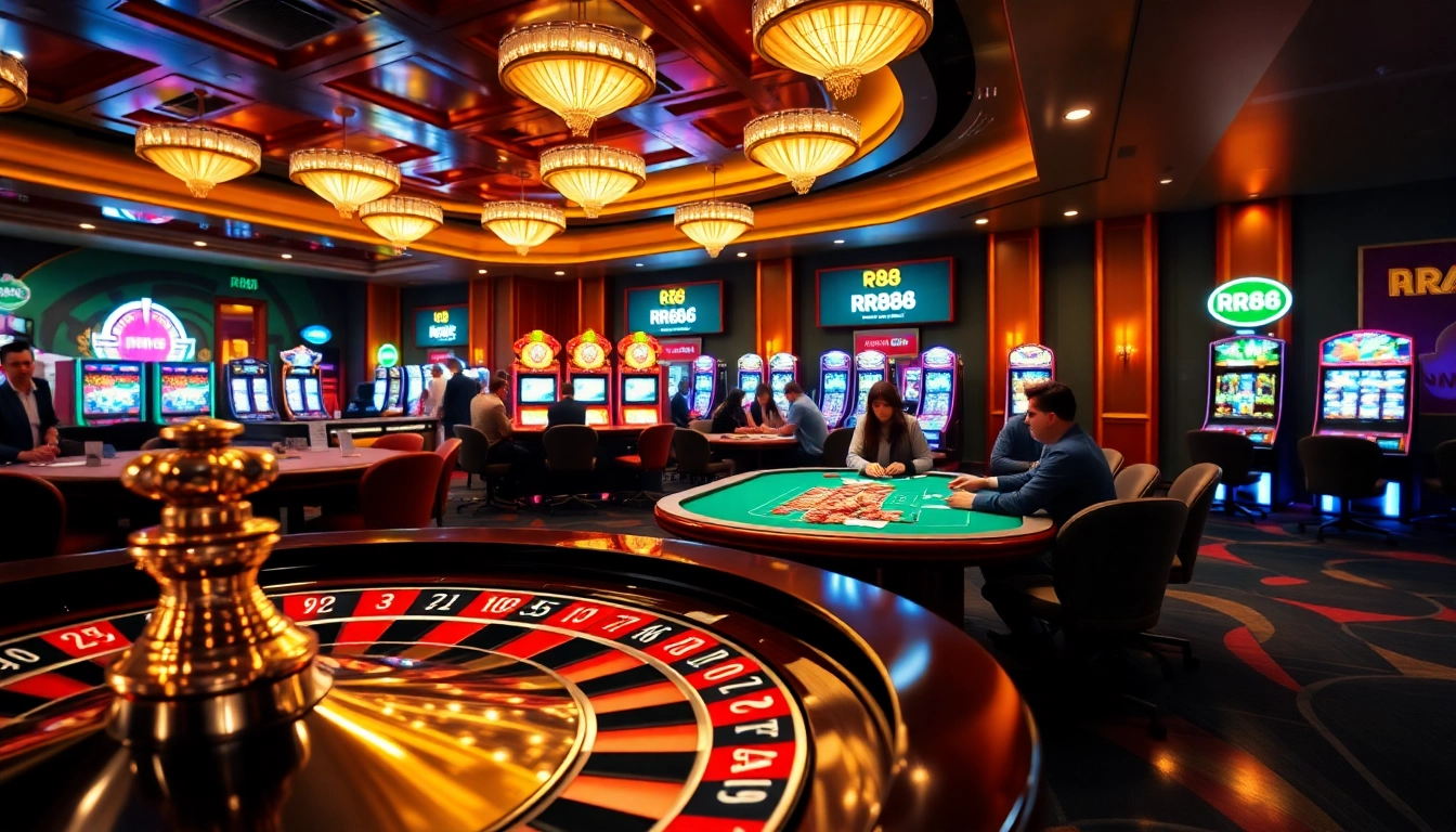 Exciting RR88 casino scene featuring a luxurious roulette wheel, vibrant slot machines, and focused poker players.