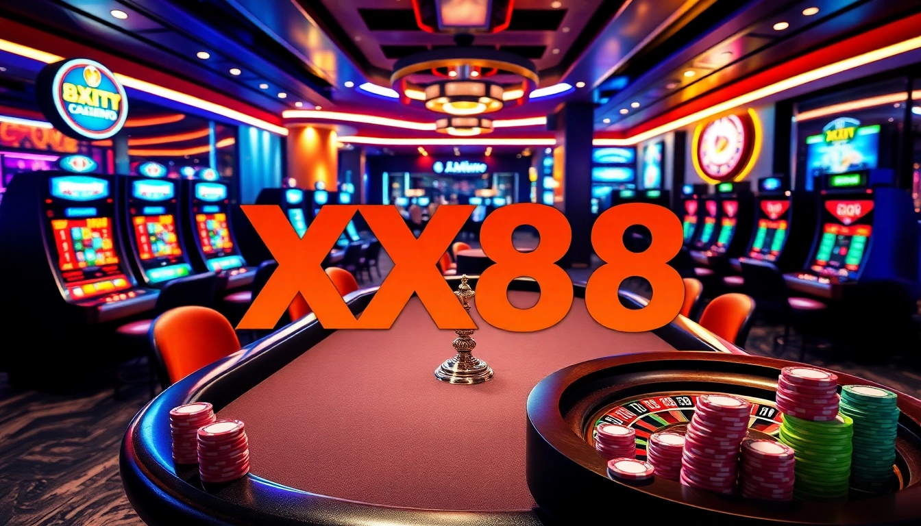Experience the thrill of XX88's vibrant online casino with sleek poker tables and spinning roulette wheels.