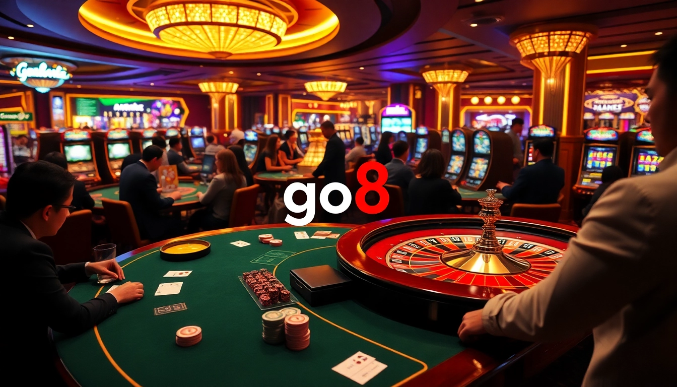 Players enjoying thrilling go8 casino games at a luxurious gambling floor, showcasing poker tables and roulette.