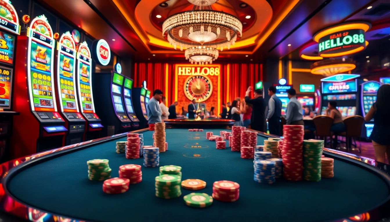 Engage in thrilling games at HELLO88's luxurious casino featuring vibrant slot machines and poker tables.