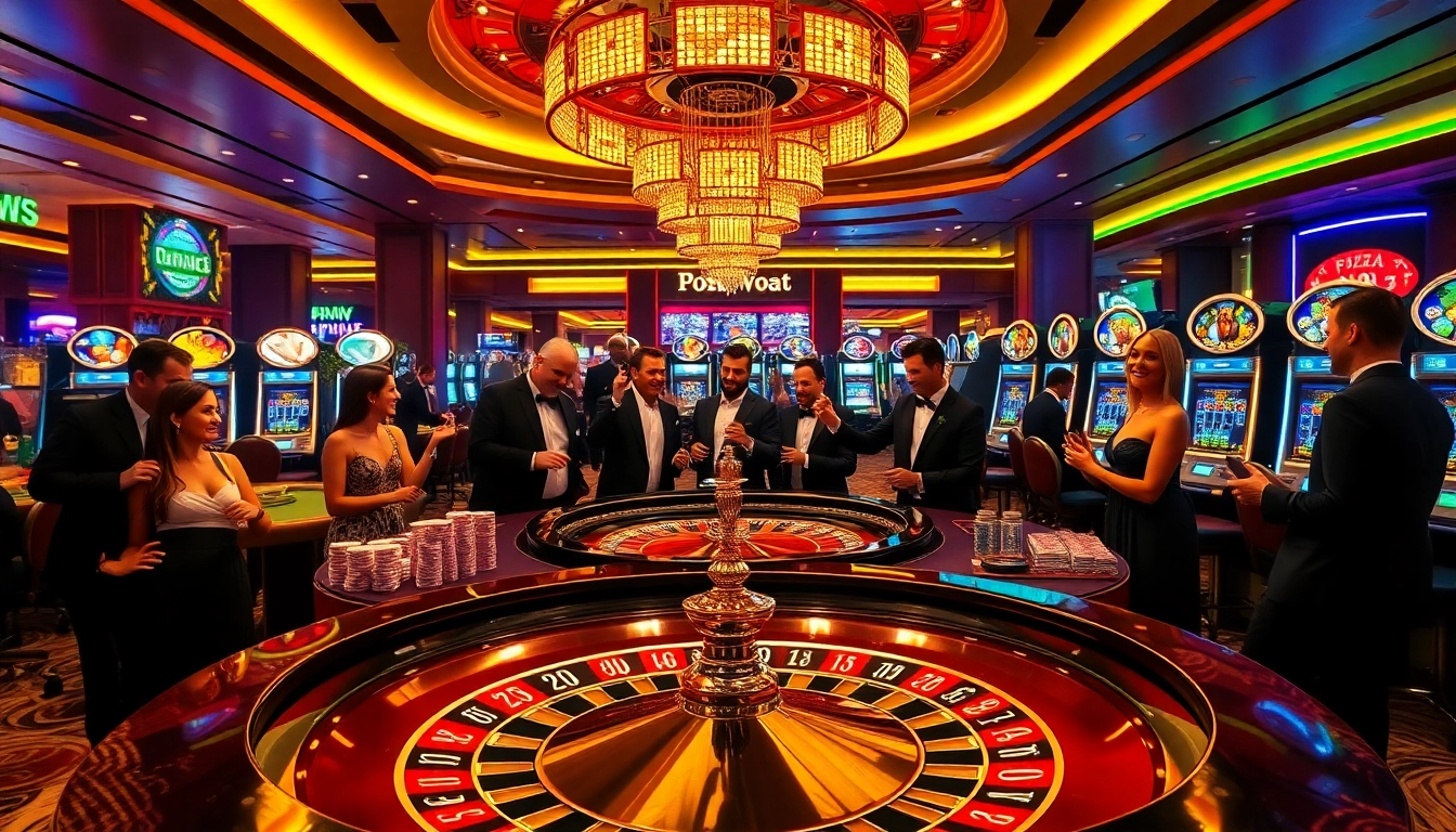 A vibrant casino scene at https://kjc.pizza/ showcasing a roulette table and excited players winning big.