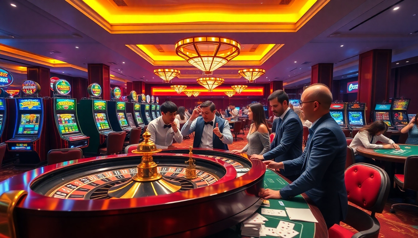 Engaging scene of mu88 casino nhà cái uy tín with players at roulette and vibrant slot machines.