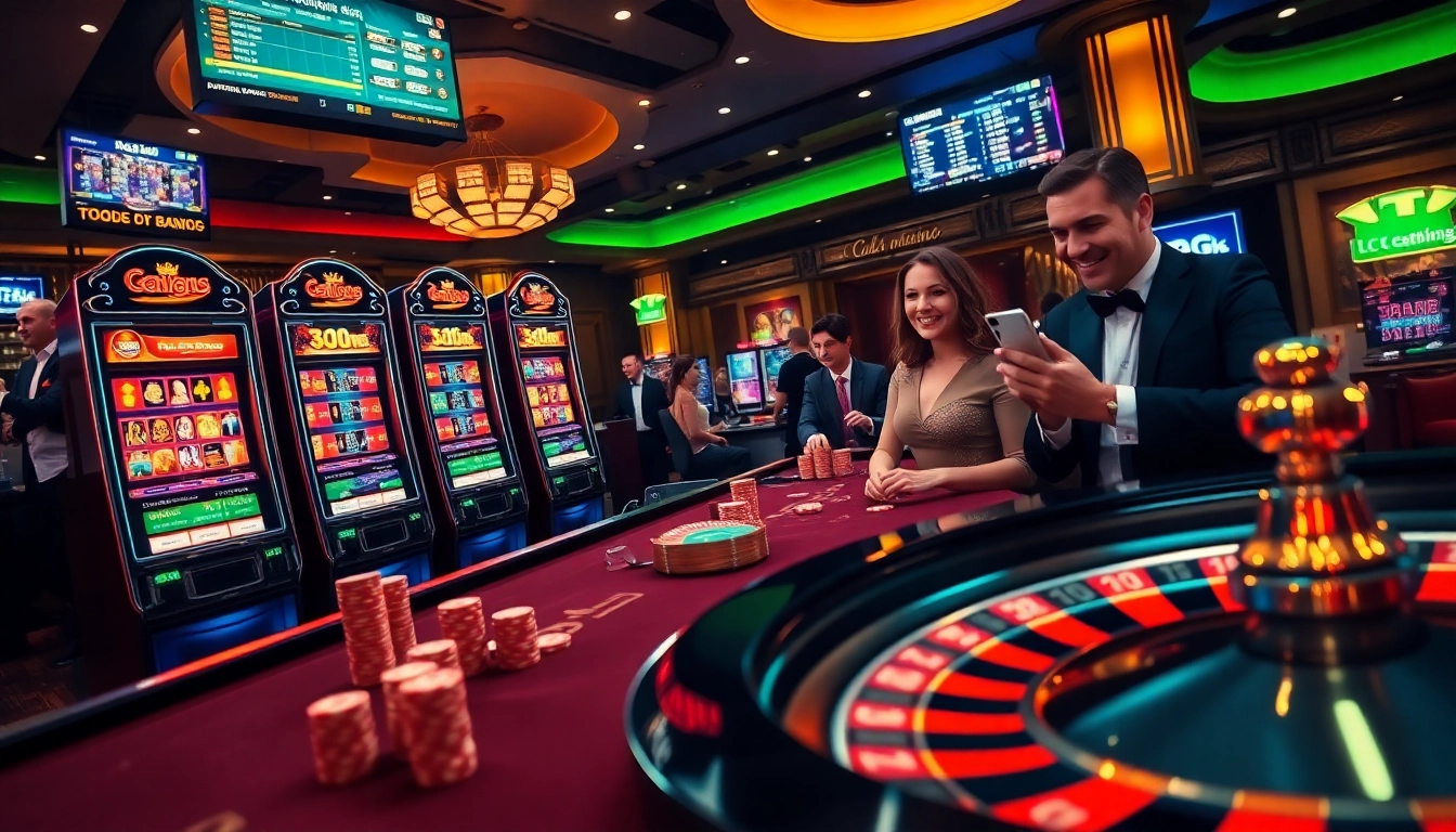 OK365 casino scene featuring players at a table with vibrant chips and roulette excitement.