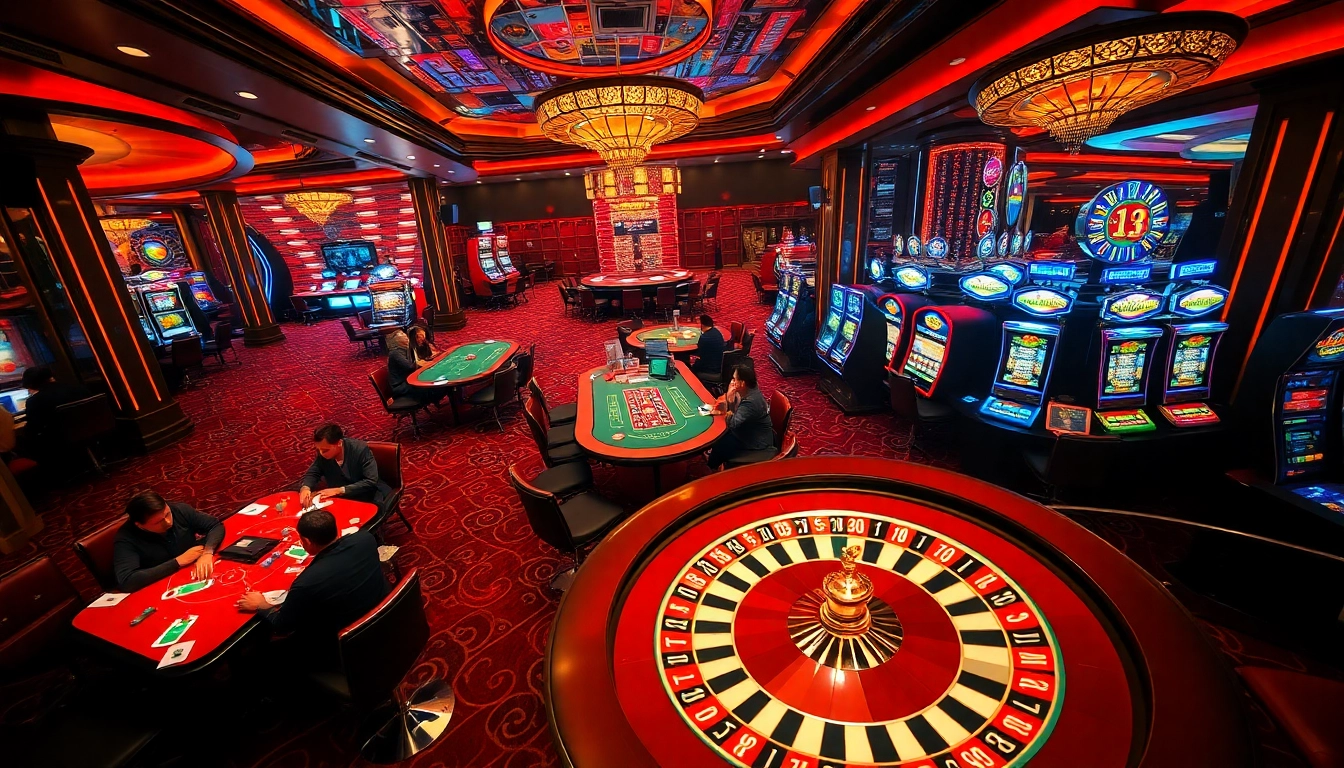 See players enjoying thrilling games at ph33 Casino, featuring poker tables and slot machines.