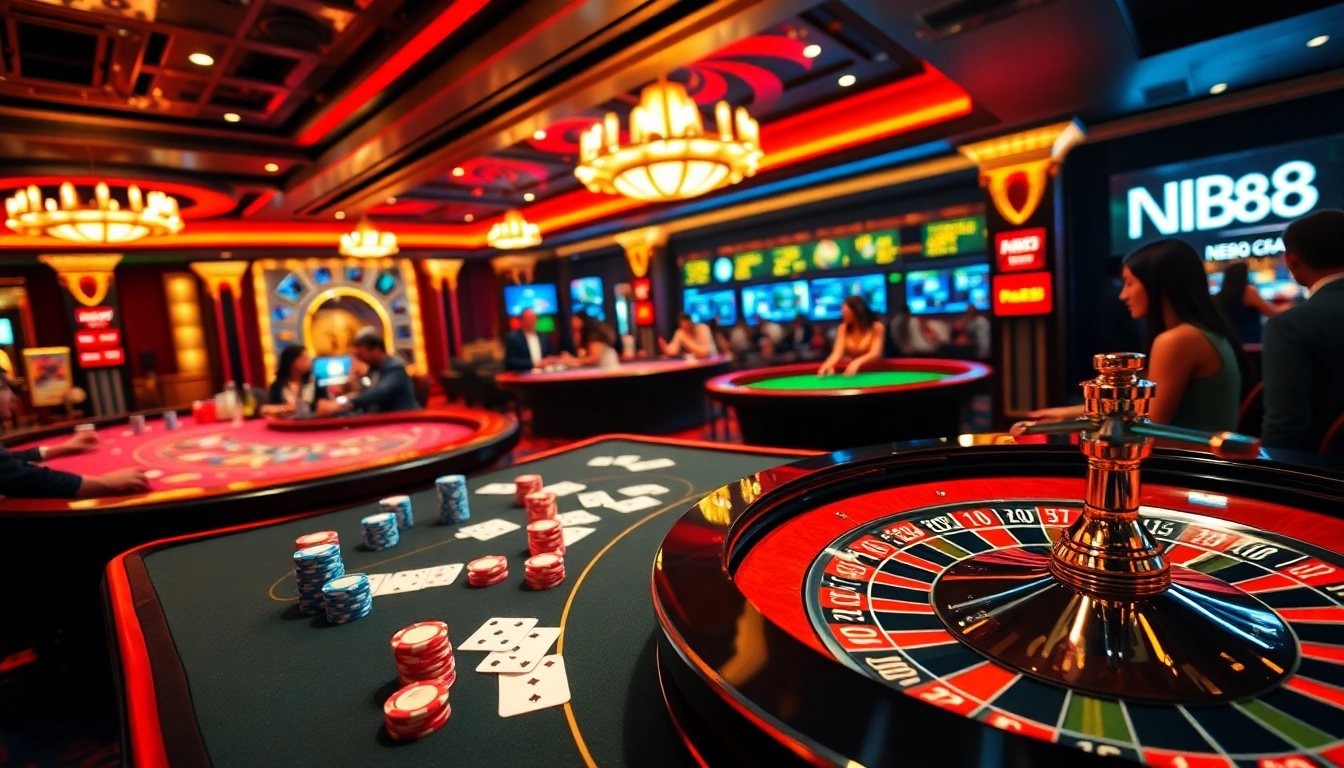 Players enjoying thrilling games at a vibrant casino featuring NK88-themed tables and luxurious atmosphere.