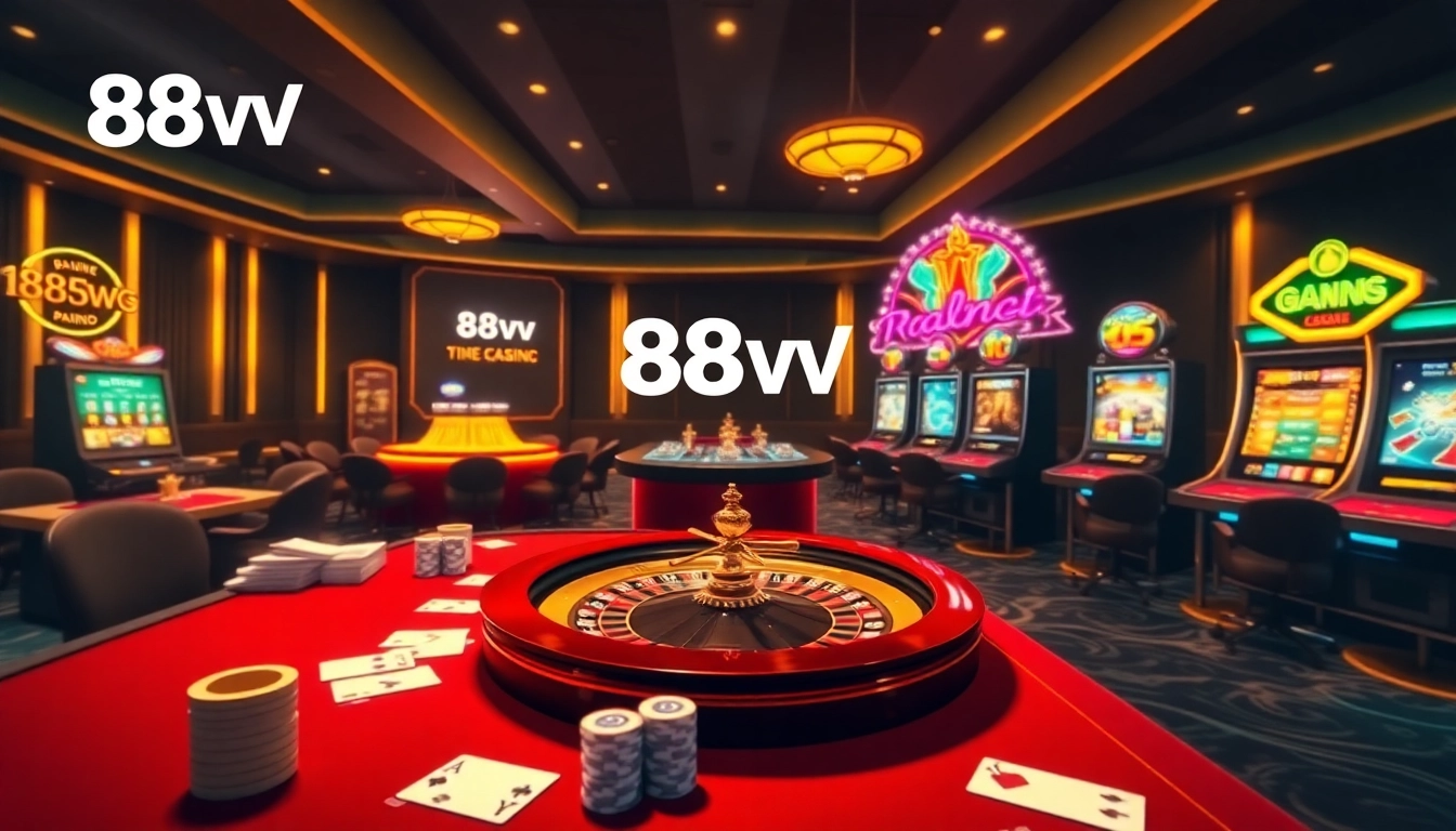 Engage with thrilling online games at 88vv, showcasing casino tables with chips and cards.