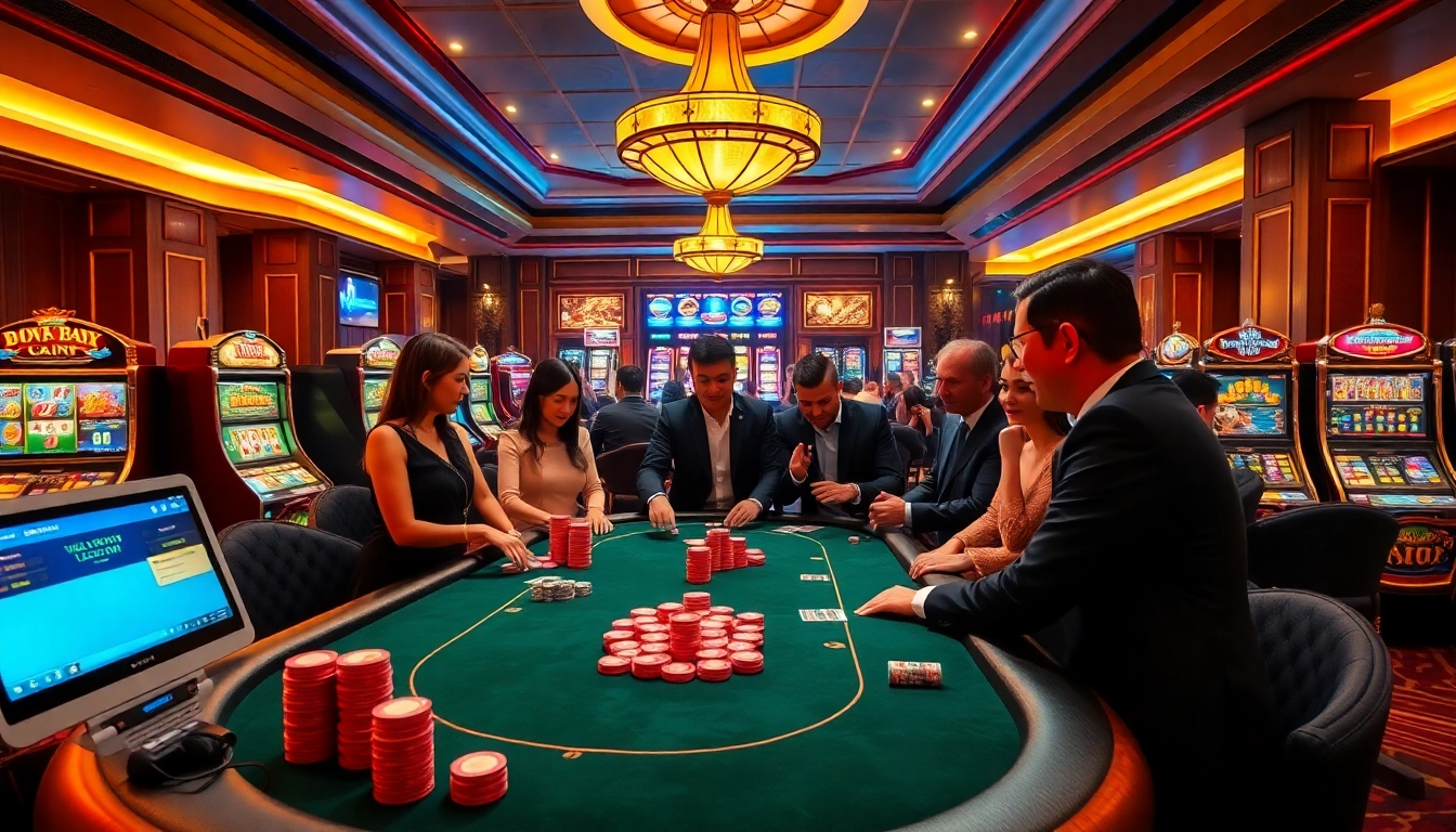 Experience the excitement of 6L777 VIP at a luxurious casino poker table with vibrant slot machines.