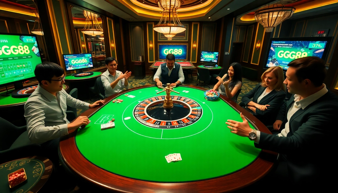 Excited players enjoying a GG88-branded roulette table in a luxurious casino atmosphere.