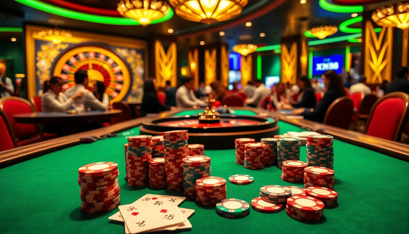 Engage in a thrilling casino experience with XX88 featuring vibrant poker tables and roulette wheels.