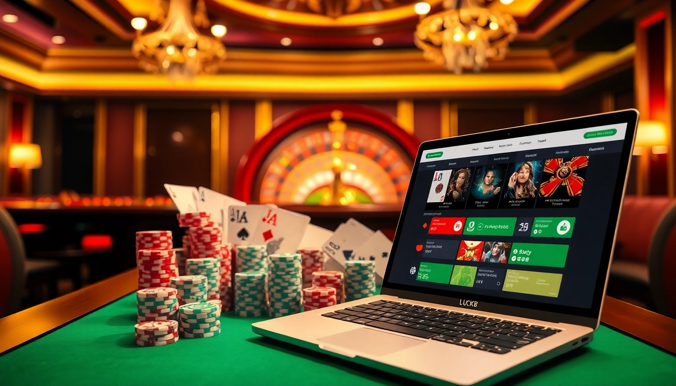 Engaging casino scene with LUCK8 logo on laptop, vibrant gambling elements, and warm lighting