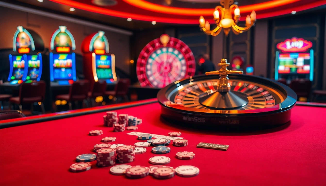 Experience the thrill of win55 at a luxurious casino poker table filled with cards and chips.
