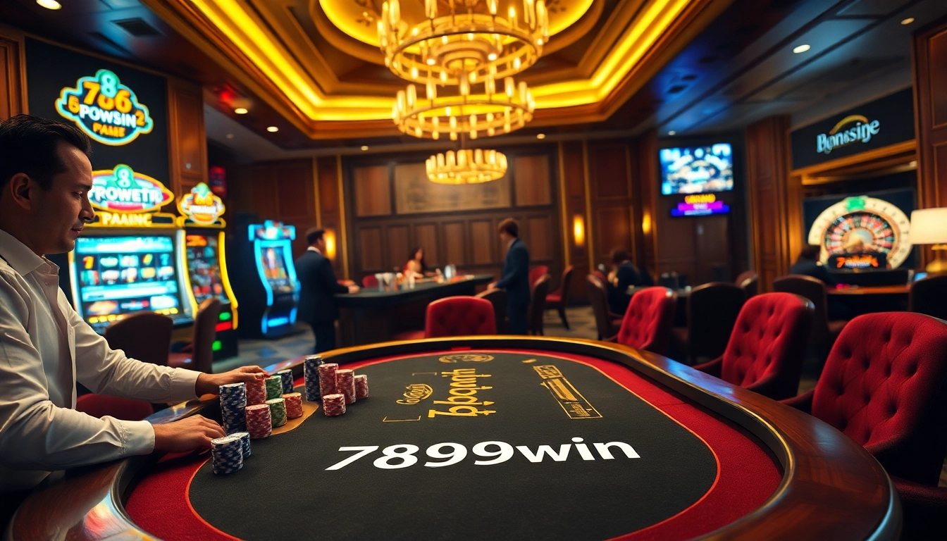 Experience the excitement of 789win at a glamorous casino poker table with vibrant chips and roulette wheel.
