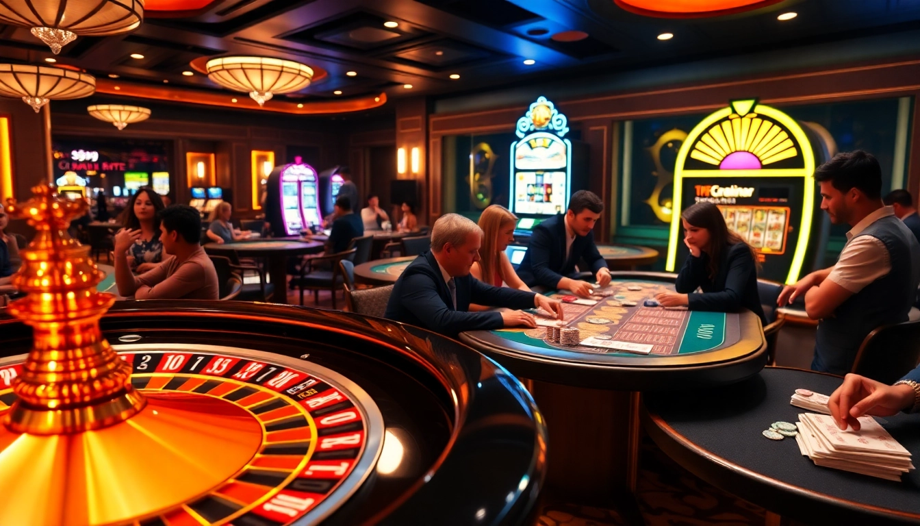 DF999 casino scene with roulette wheel, poker chips, and engaged players betting.