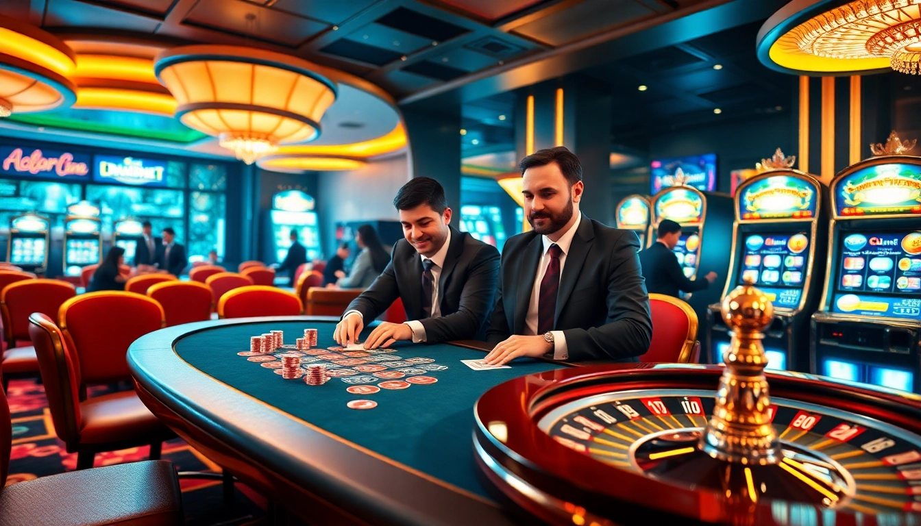 B52club players strategizing with high-stakes poker chips and cards in a vibrant casino atmosphere.