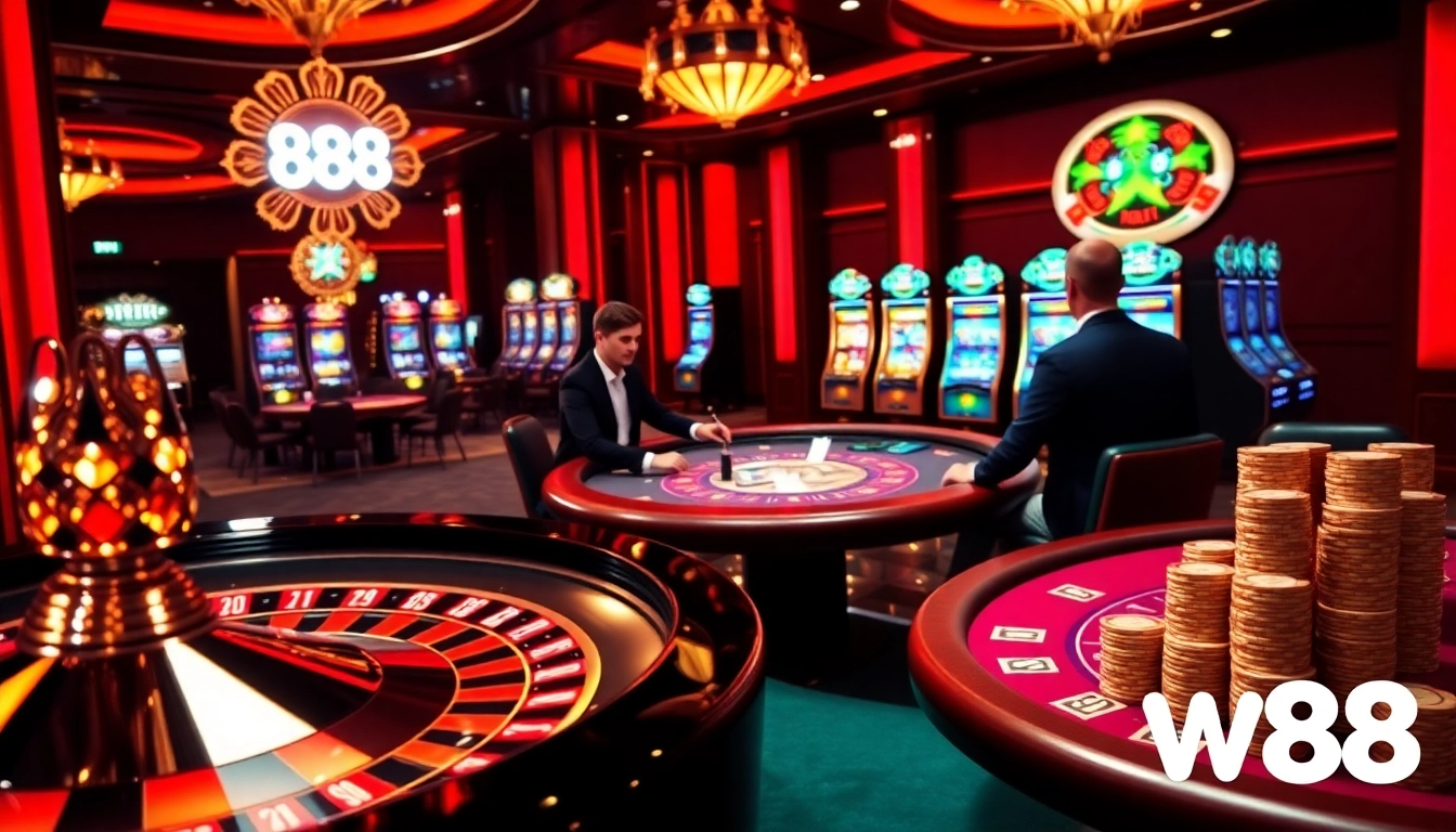 W88 players engaging in thrilling blackjack and roulette gameplay at a vibrant casino.