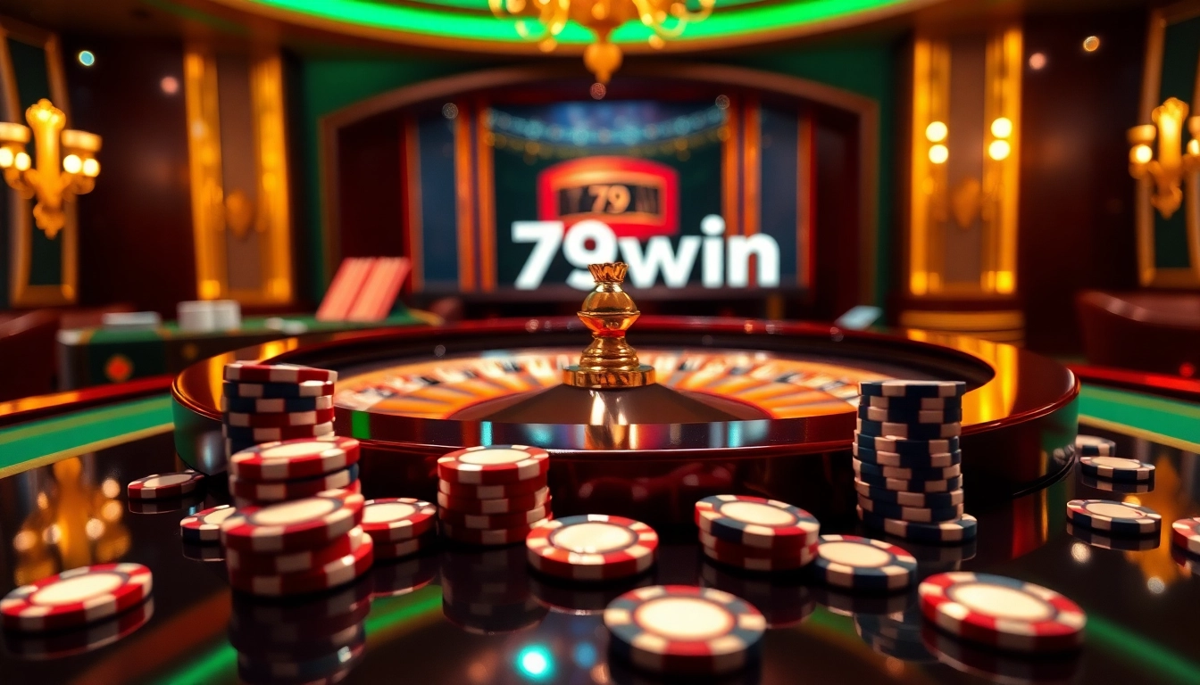 Exciting gaming atmosphere showcasing 79win roulette table with chips and cards.