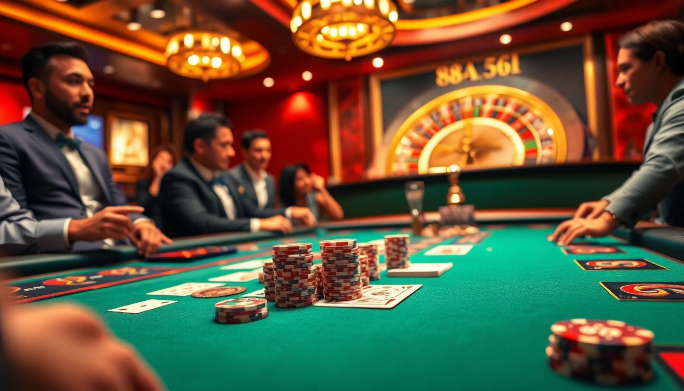 Excited players at a luxurious casino poker table with vibrant chips showcasing 88i atmosphere.