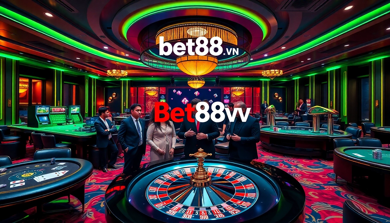 Players enjoying an exciting betting experience at Bet88vn casino tables, surrounded by thrilling games.